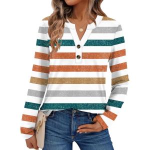 imageAUTOMET Womens Long Sleeve Shirts 2025 Fall Fashion Dressy Casual Tops Trendy Henley Blouses Cute Work Outfits ClothesStriped Orange