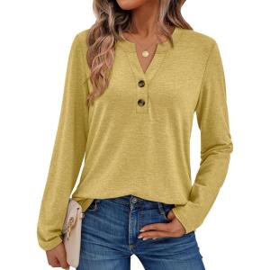 imageAUTOMET Womens Long Sleeve Shirts 2025 Fall Fashion Dressy Casual Tops Trendy Henley Blouses Cute Work Outfits ClothesYellow