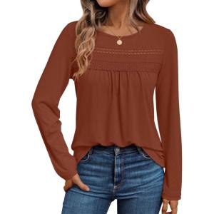 imageAUTOMET Womens Long Sleeve Shirts Business Casual Blouses Dressy Fall Babydoll TopsMaple