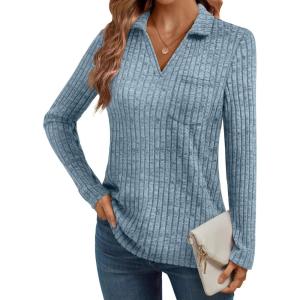 imageAUTOMET Womens Long Sleeve Shirts Fall Fashion Tops V Neck Tunic 2025 Dressy Casual Sweater Winter Clothes Trendy OutfitsBlue