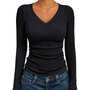 imageAUTOMET Womens Long Sleeve Shirts Fall Outfits Fashion Tops V Neck Ribbed Basic Casual Clothes Winter UnderscrubBlack
