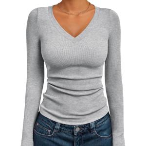 imageAUTOMET Womens Long Sleeve Shirts Fall Outfits Fashion Tops V Neck Ribbed Basic Casual Clothes Winter UnderscrubGrey