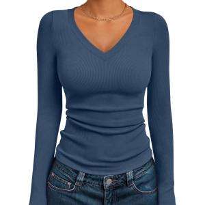 imageAUTOMET Womens Long Sleeve Shirts Fall Outfits Fashion Tops V Neck Ribbed Basic Casual Clothes Winter UnderscrubHazeblue