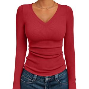 imageAUTOMET Womens Long Sleeve Shirts Fall Outfits Fashion Tops V Neck Ribbed Basic Casual Clothes Winter UnderscrubRed