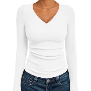 imageAUTOMET Womens Long Sleeve Shirts Fall Outfits Fashion Tops V Neck Ribbed Basic Casual Clothes Winter UnderscrubWhite