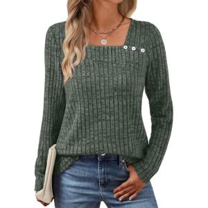 imageAUTOMET Womens Long Sleeve Shirts Fall Tops Fashion Outfits 2025 Asymmetric Square Neck Sweaters Dressy Casual Tunic ClothesGreen