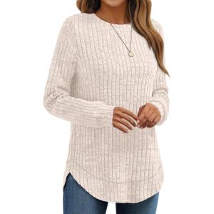 imageAUTOMET Womens Long Sleeve Shirts Fall Tops Tunic Fashion Outfits 2025 Dressy Casual Loose Fit Sweater Clothes Curved HemApricot