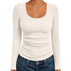 imageAUTOMET Womens Long Sleeve Shirts Ribbed Knit Tops Scoop Neck Fall TopsBeige