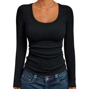 imageAUTOMET Womens Long Sleeve Shirts Ribbed Knit Tops Scoop Neck Fall TopsBlack