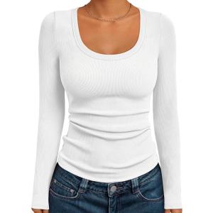 imageAUTOMET Womens Long Sleeve Shirts Ribbed Knit Tops Scoop Neck Fall TopsWhite