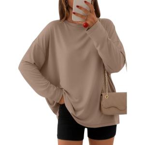 imageAUTOMET Womens Oversized Long Sleeve Shirts Fall Trendy Tops Fashion Gym Baggy Basic Casual Loose Fit Workout Y2k ClothesKhaki