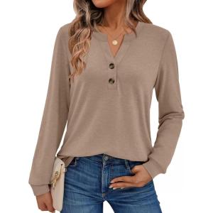 imageAUTOMET Womens Tops Long Sleeve Shirts Fall Fashion Clothes Henley Dressy Casual Blouses Trendy 2025Khaki