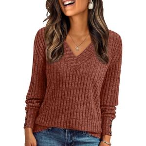 imageAUTOMET Womens V Neck Decorative Buttons Long Sleeve Shirt Fall Sweater Fashion Tops Dressy Casual Tunic Clothes Cute TrendyCaramel