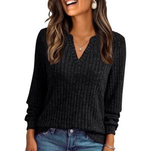 imageAUTOMET Womens V Neck Long Sleeve Shirts Casual Lightweight Tunic Sweaters Fall Fashion Tops Trendy Dressy Clothes 2025Black