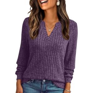 imageAUTOMET Womens V Neck Long Sleeve Shirts Casual Lightweight Tunic Sweaters Fall Fashion Tops Trendy Dressy Clothes 2025Purple