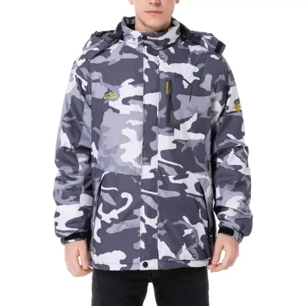 Mens Mountain Waterproof Ski Jacket Windproof Rain Jacket Winter Warm Snow Coat II with Removable HoodBlack Camo