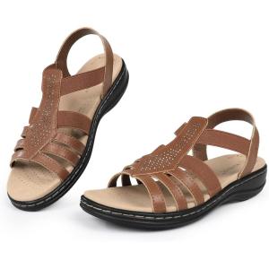 imageCIOR Leather Women Sandals with Arch Support Comfortable Memory Foam Summer Beach Sandals Shoes644tzbrown