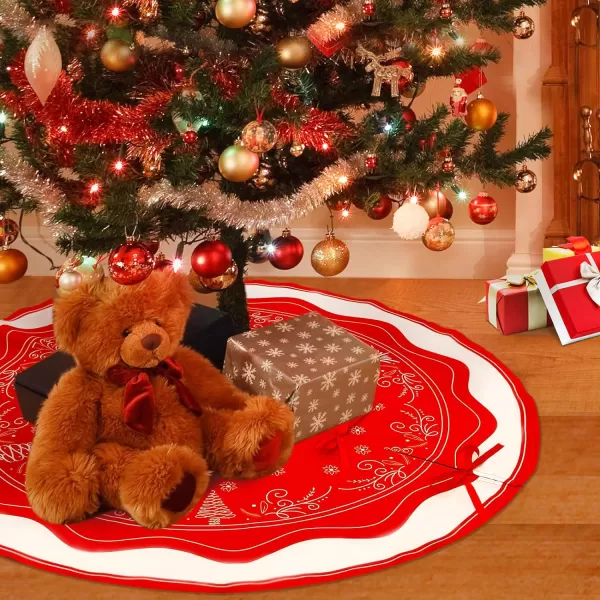 OurWarm 48 Inch Christmas Tree Skirt Red White Tree Skirt with Christmas Tree and Holly Leaf Pattern Small Christmas Tree Mat Rustic Farmhouse Ornaments for Holiday Party Christmas Decorations48 inch