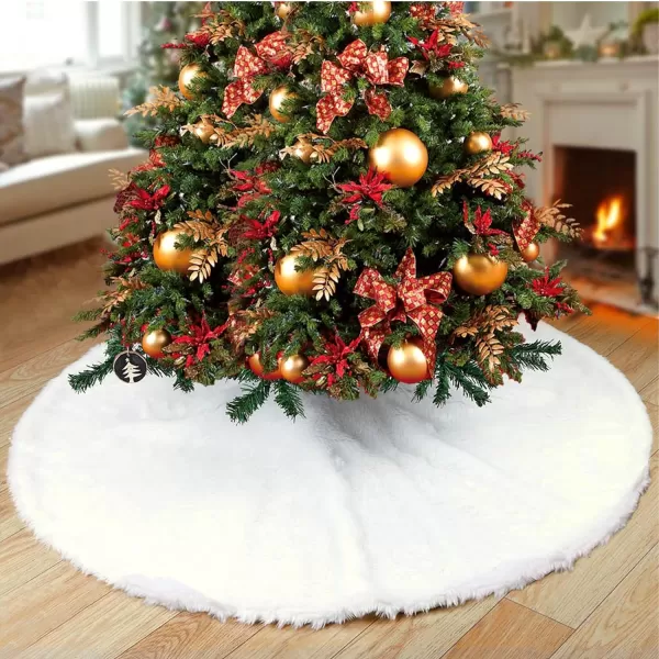 OurWarm Christmas Tree Skirt 60Inch White Faux Fur Tree Skirt Soft Xmas Tree Skirts for Holiday Winter Christmas Decorations60IN