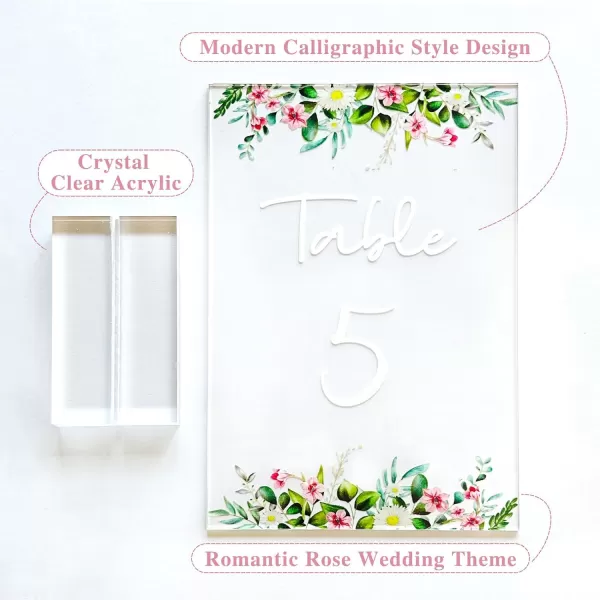 OurWarm Floral Acrylic Wedding Table Numbers 120 4x6 Inch Printed Calligraphy Table Number with Stands Clear Table Number Signs and Holders Perfect for Wedding Reception Anniversary EventRose Theme