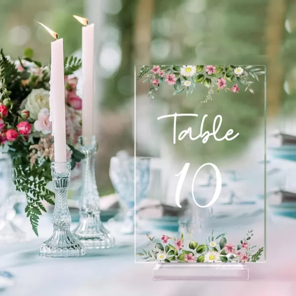 OurWarm Floral Acrylic Wedding Table Numbers 120 4x6 Inch Printed Calligraphy Table Number with Stands Clear Table Number Signs and Holders Perfect for Wedding Reception Anniversary EventRose Theme