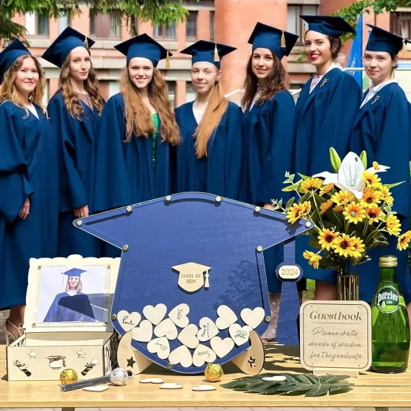 OurWarm Graduation Guest Book Alternative Wooden Drop Top Frame Guest Book with Stand Plywood Box and 60 Wooden Hearts Perfect Graduation Party Decoration for College High School Class of 2024Blue