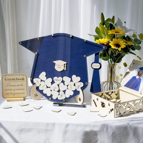 OurWarm Graduation Guest Book Alternative Wooden Drop Top Frame Guest Book with Stand Plywood Box and 60 Wooden Hearts Perfect Graduation Party Decoration for College High School Class of 2024Blue