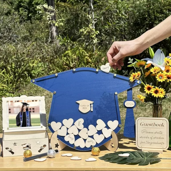 OurWarm Graduation Guest Book Alternative Wooden Drop Top Frame Guest Book with Stand Plywood Box and 60 Wooden Hearts Perfect Graduation Party Decoration for College High School Class of 2024Blue