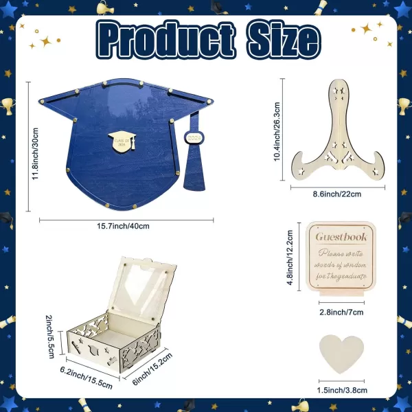 OurWarm Graduation Guest Book Alternative Wooden Drop Top Frame Guest Book with Stand Plywood Box and 60 Wooden Hearts Perfect Graduation Party Decoration for College High School Class of 2024Blue