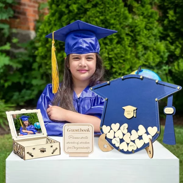 OurWarm Graduation Guest Book Alternative Wooden Drop Top Frame Guest Book with Stand Plywood Box and 60 Wooden Hearts Perfect Graduation Party Decoration for College High School Class of 2024Blue