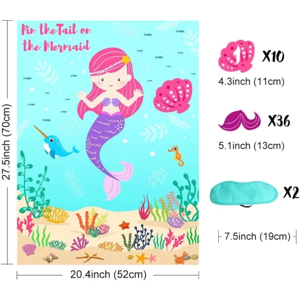 OurWarm Pin The Tail on The Mermaid Party Game for Kids Under The Sea Party Games with 36 Reusable Tails for Kids Birthday Decorations Mermaid Party SuppliesMermaid 1