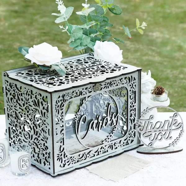 OurWarm Wedding Card Box for Wedding Reception Wooden Wedding Card Boxes with a LED Lights Gift Card Box Money Honeymoon Fund Box for Baby Shower Birthday Graduation Party Rustic Wedding DecorationsSilver