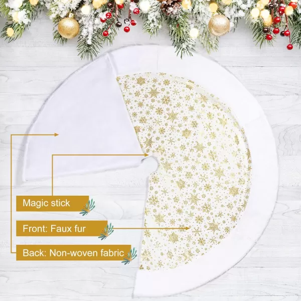 OurWarm White Christmas Tree Skirt 48 Inches Plush Faux Fur Xmas Tree Skirt with HotStamped Gold Snowflake Tree Skirt for Christmas Decorations Holiday Decorations Home Party48IN