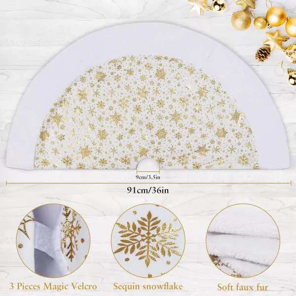 OurWarm White Christmas Tree Skirt 48 Inches Plush Faux Fur Xmas Tree Skirt with HotStamped Gold Snowflake Tree Skirt for Christmas Decorations Holiday Decorations Home Party36IN