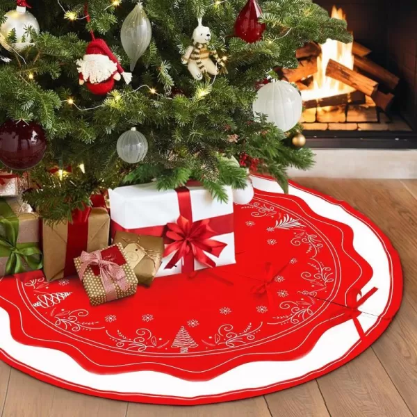 OurWarm 48 Inch Christmas Tree Skirt Red White Tree Skirt with Christmas Tree and Holly Leaf Pattern Small Christmas Tree Mat Rustic Farmhouse Ornaments for Holiday Party Christmas Decorations48 inch