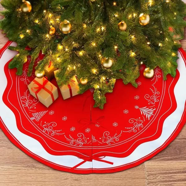 OurWarm 48 Inch Christmas Tree Skirt Red White Tree Skirt with Christmas Tree and Holly Leaf Pattern Small Christmas Tree Mat Rustic Farmhouse Ornaments for Holiday Party Christmas Decorations36 inch