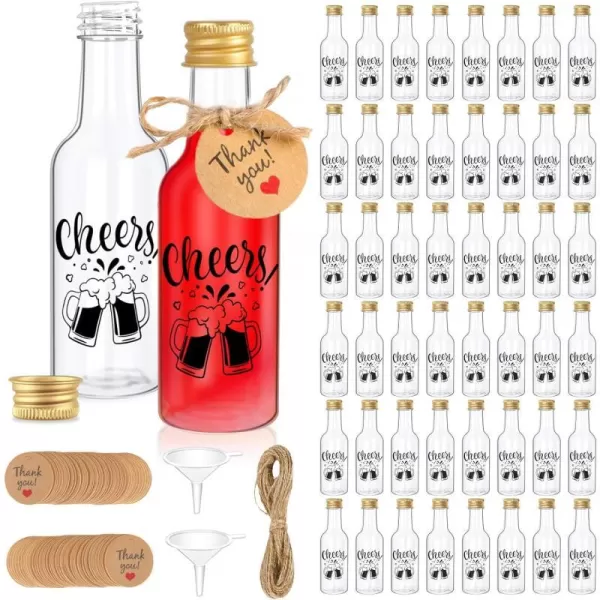 OurWarm 50PCS Airtight Shot Bottles with Caps 17oz50ml Empty Plastic Mini Liquor Bottles with Funnels Tags and Twine for DIY Juice Wine Alcohol Homemade Spirit Bottles Birthday Wedding Party FavorsMini Shot Bottles