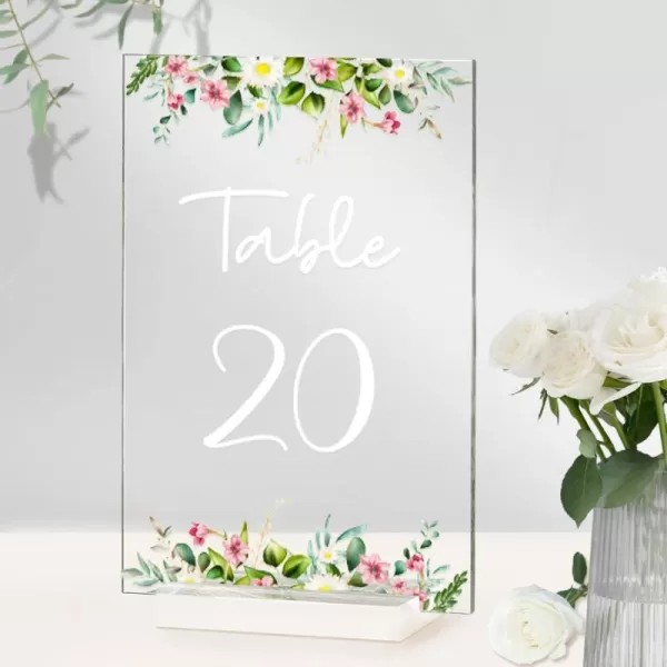 OurWarm Floral Acrylic Wedding Table Numbers 120 4x6 Inch Printed Calligraphy Table Number with Stands Clear Table Number Signs and Holders Perfect for Wedding Reception Anniversary EventRose Theme