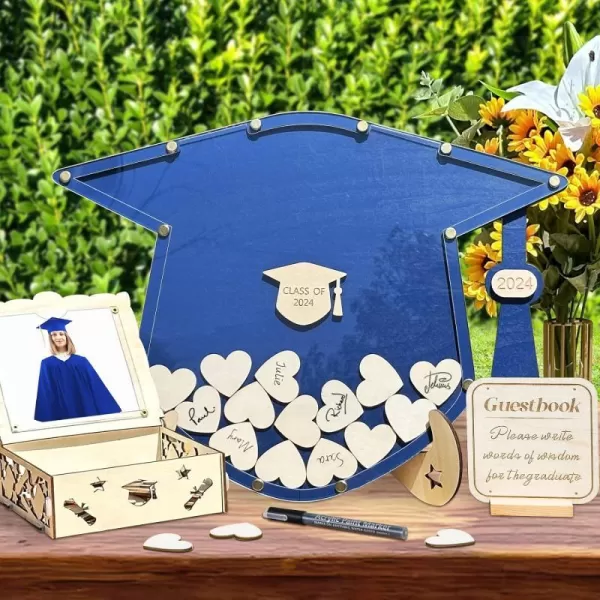 OurWarm Graduation Guest Book Alternative Wooden Drop Top Frame Guest Book with Stand Plywood Box and 60 Wooden Hearts Perfect Graduation Party Decoration for College High School Class of 2024Blue