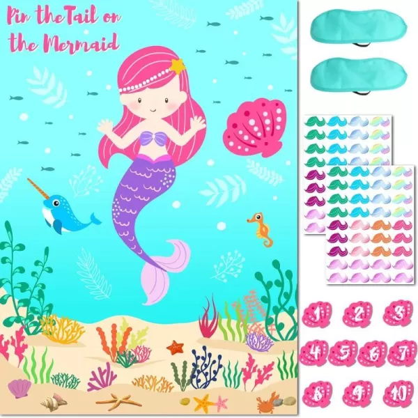 OurWarm Pin The Tail on The Mermaid Party Game for Kids Under The Sea Party Games with 36 Reusable Tails for Kids Birthday Decorations Mermaid Party SuppliesMermaid 1