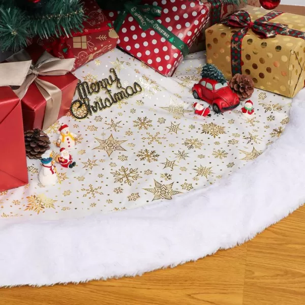 OurWarm White Christmas Tree Skirt 48 Inches Plush Faux Fur Xmas Tree Skirt with HotStamped Gold Snowflake Tree Skirt for Christmas Decorations Holiday Decorations Home Party36IN