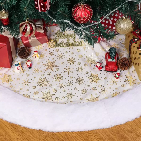 OurWarm White Christmas Tree Skirt 48 Inches Plush Faux Fur Xmas Tree Skirt with HotStamped Gold Snowflake Tree Skirt for Christmas Decorations Holiday Decorations Home Party48IN