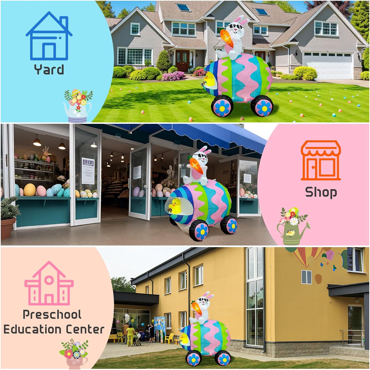 OurWarm 6 FT Easter Inflatables Outdoor Decorations Bunny and 3 Colorful Eggs Buildin LED Lights Blow Up Yard Decorations for Easter Decor Home Holiday Party Indoor Outdoor Garden Lawn Decor6 FT Easter Egg Car