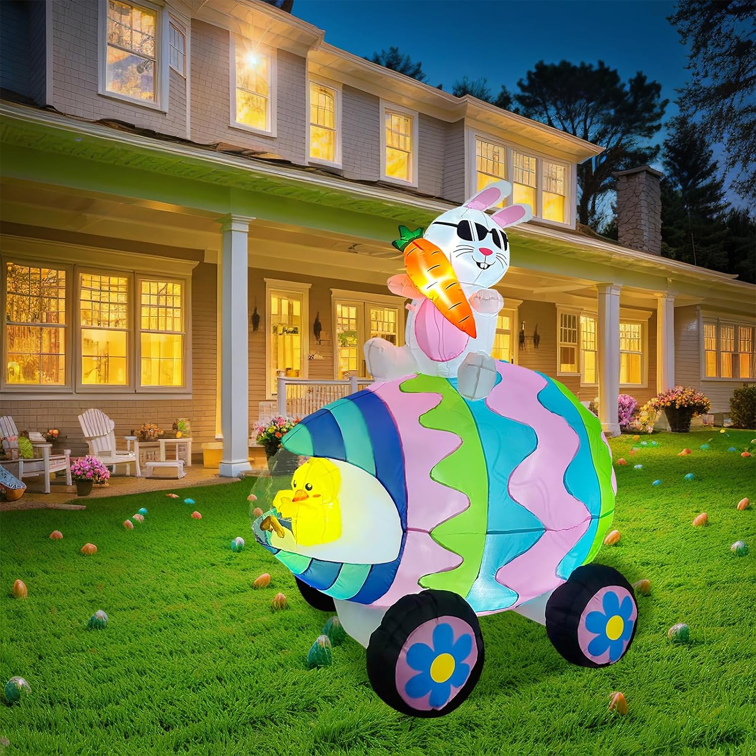 OurWarm 6 FT Easter Inflatables Outdoor Decorations Bunny and 3 Colorful Eggs Buildin LED Lights Blow Up Yard Decorations for Easter Decor Home Holiday Party Indoor Outdoor Garden Lawn Decor6 FT Easter Egg Car