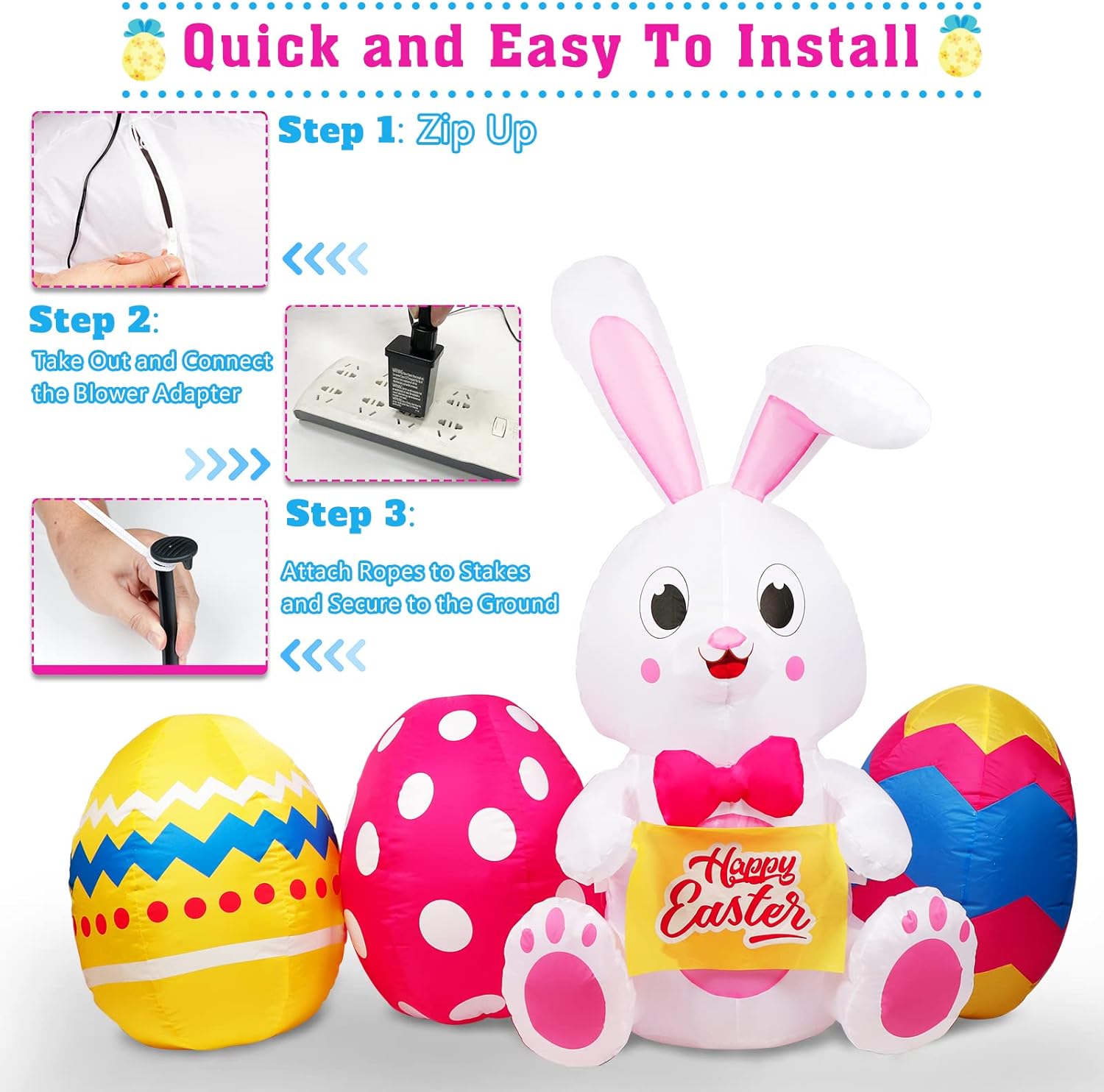 OurWarm 6 FT Easter Inflatables Outdoor Decorations Bunny and 3 Colorful Eggs Buildin LED Lights Blow Up Yard Decorations for Easter Decor Home Holiday Party Indoor Outdoor Garden Lawn Decor6 FT