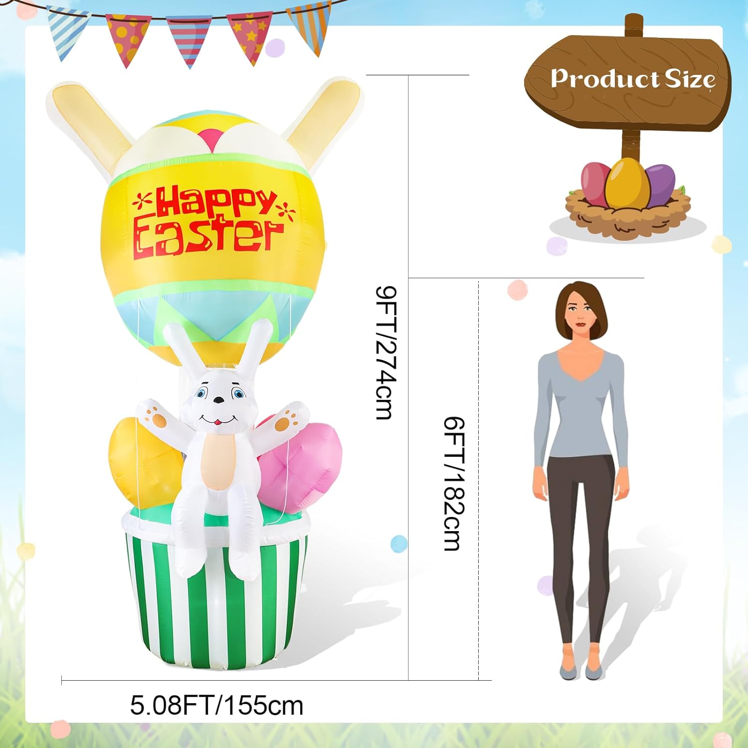 OurWarm 6 FT Easter Inflatables Outdoor Decorations Bunny and 3 Colorful Eggs Buildin LED Lights Blow Up Yard Decorations for Easter Decor Home Holiday Party Indoor Outdoor Garden Lawn Decor9 FT Easter Inflatable