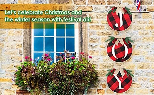 OurWarm Joy Sign Christmas Wreaths for Front Door Buffalo Plaid Christmas Wreath Decorations for Door Window Wall Indoor Outdoor Farmhouse Burlap Wooden Home Decor Holiday Party Supplies