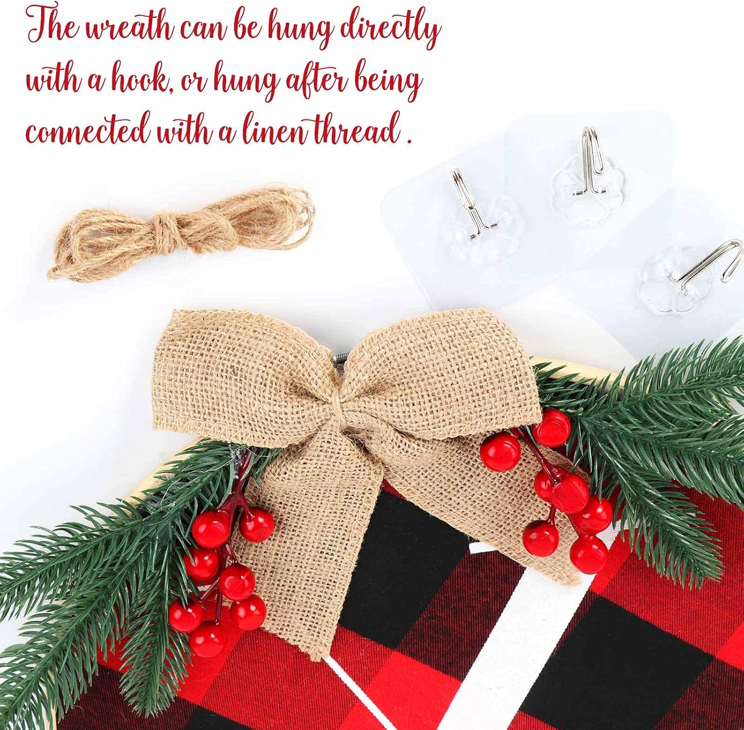 OurWarm Joy Sign Christmas Wreaths for Front Door Buffalo Plaid Christmas Wreath Decorations for Door Window Wall Indoor Outdoor Farmhouse Burlap Wooden Home Decor Holiday Party Supplies
