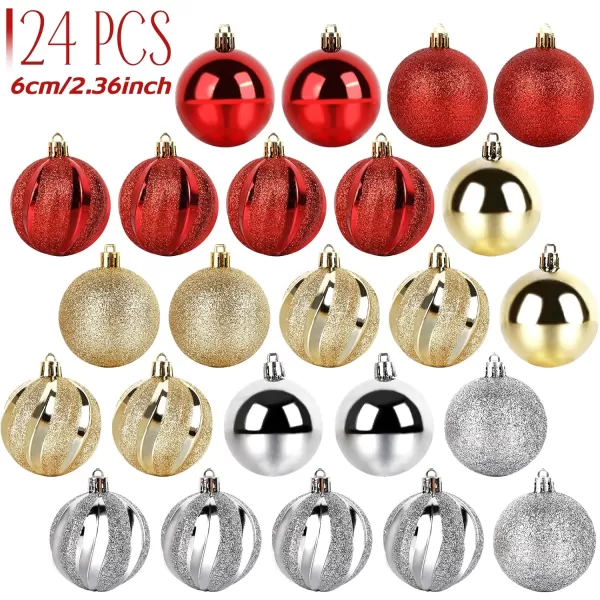 OurWarm 24pcs 236quot Assorted Christmas Ball Ornaments Shatterproof Christmas Decorations Tree Balls for Holiday Xmas Tree Decorations Tree Ornaments Hooks Included GoldRedSilver