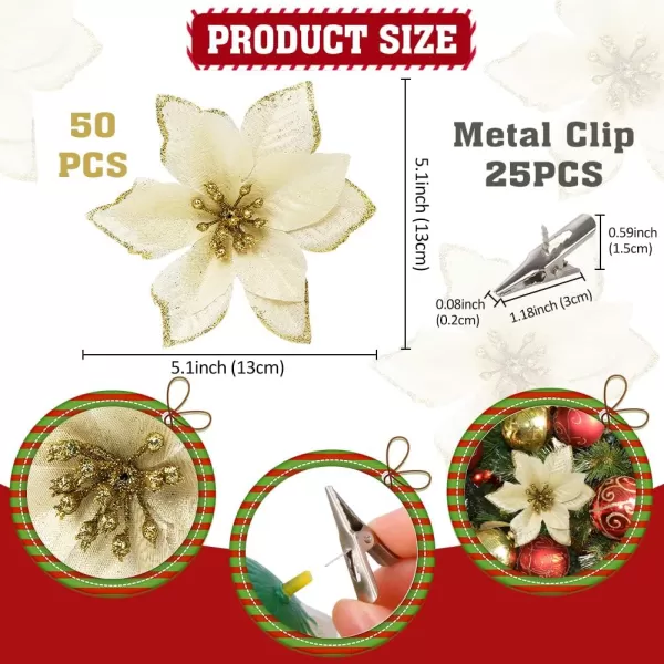 OurWarm 50pcs Poinsettia Christmas Decorations Christmas Tree Flowers Christmas Flowers Artificial for Decoration Gold Poinsettia Flowers for Christmas Tree Decorations